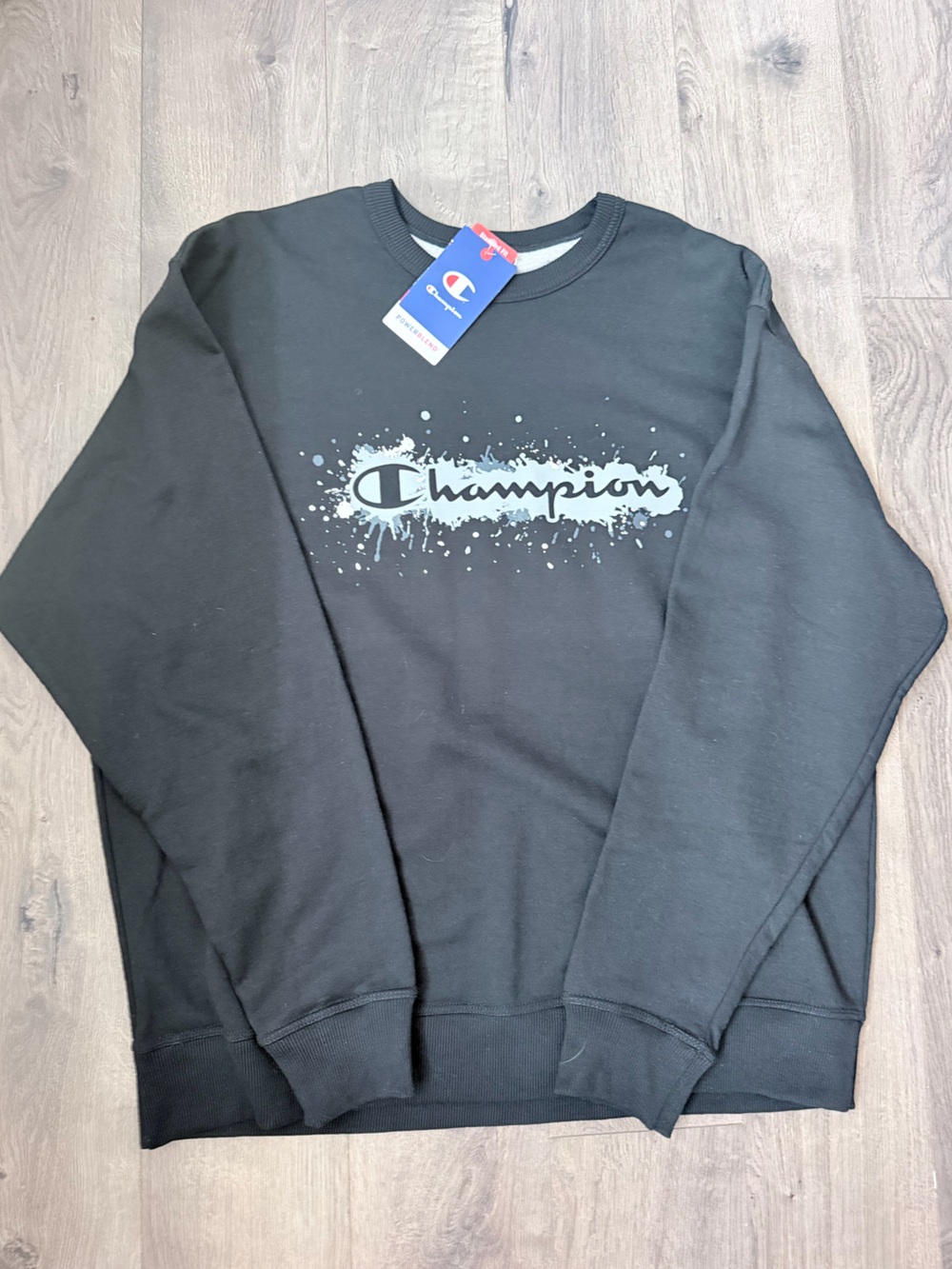 Champion Black Crewneck with Gray Blue Splash Logo